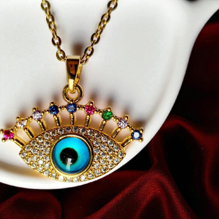 Evil Eye Pendant Necklace with Multi-Color Stones