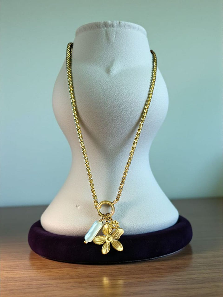 Golden Floral Pendant with Pearl Charm