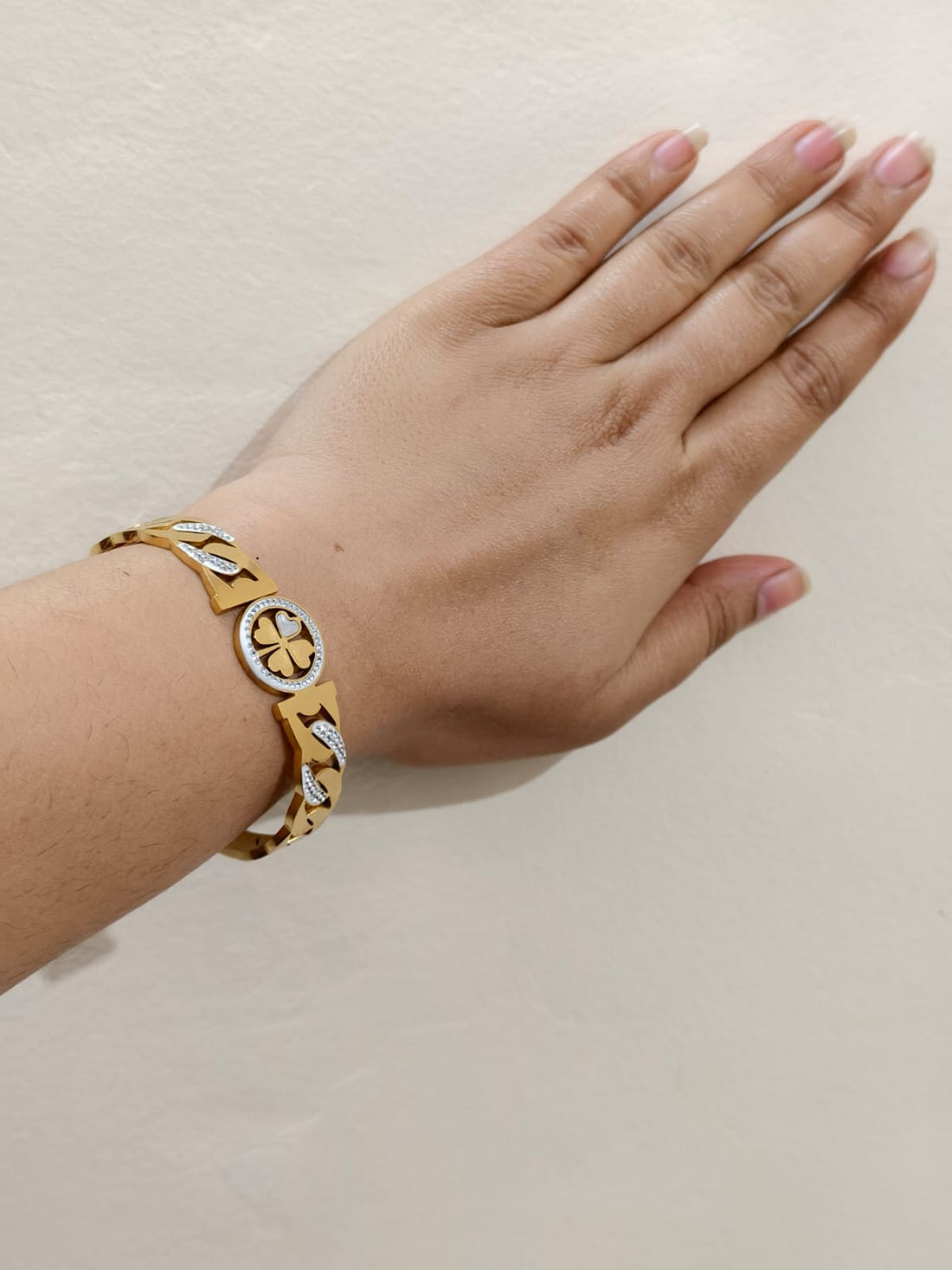 Gold Finish Clover Charm Bracelet for Women | Crystal Studded Statement Cuff&nbsp;&nbsp;