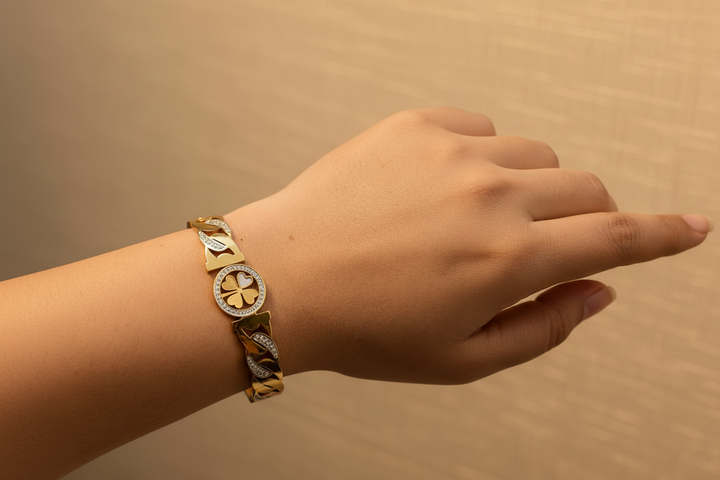 Gold Finish Clover Charm Bracelet for Women | Crystal Studded Statement Cuff&nbsp;&nbsp;