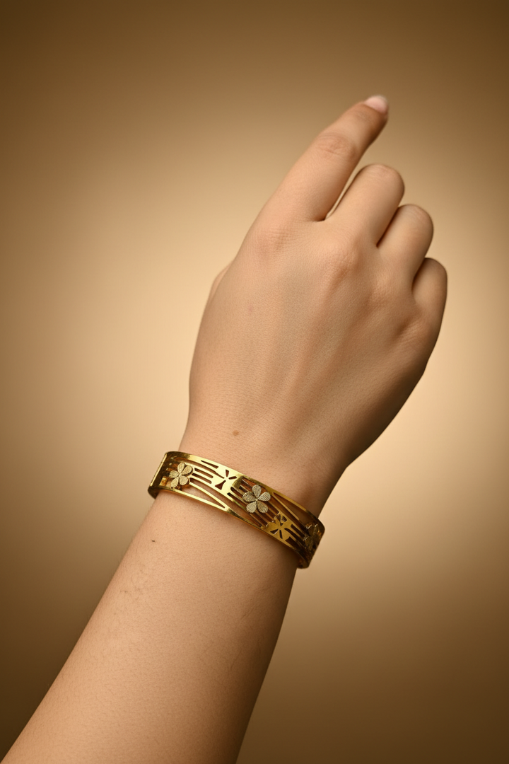 Gold Finish Floral Cutwork Cuff Bracelet for Women | Elegant Statement Adjustable Bangle
