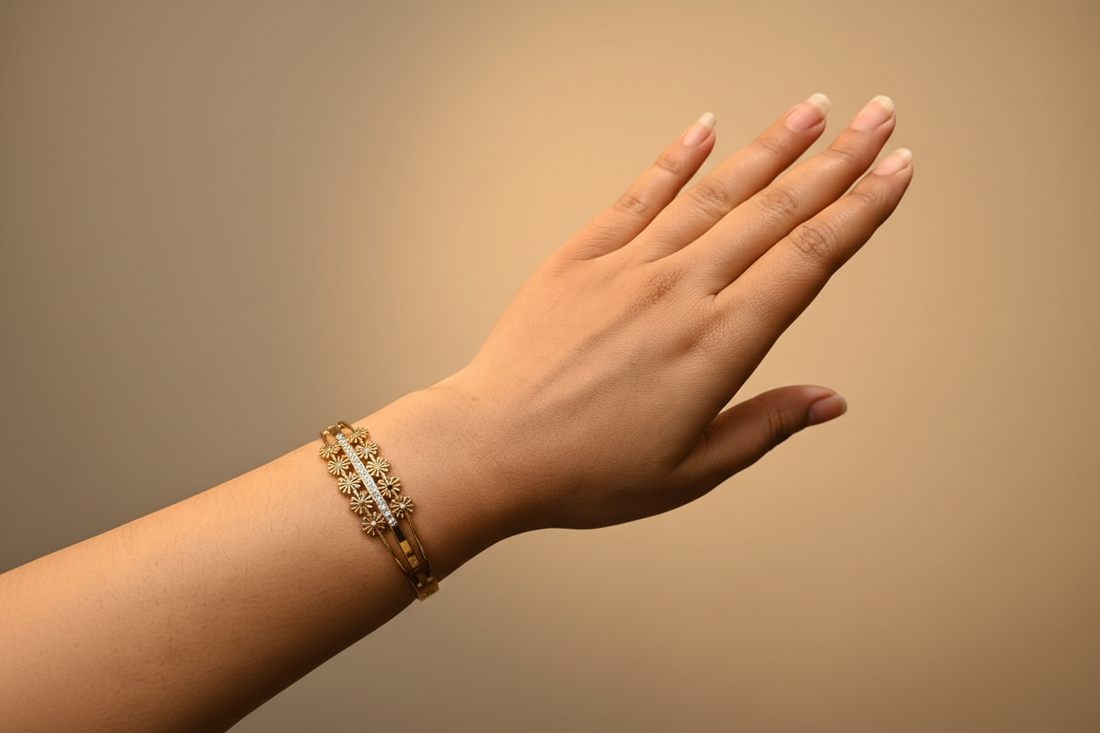 Gold Finish Floral Cuff Bracelet for Women | Elegant Daily Wear Statement Bracelet
