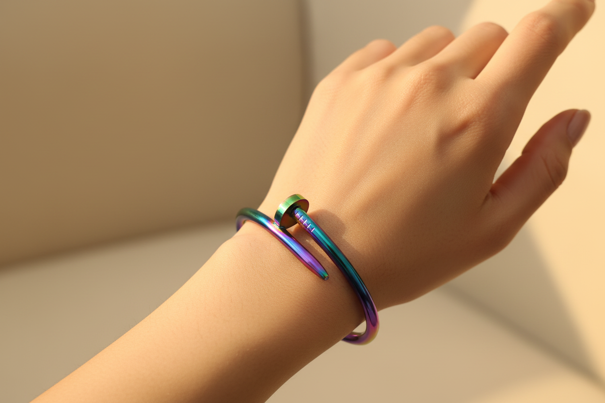 Rainbow Nail Cuff Bracelet for Women | Multicolor Stainless Steel Open Bangle