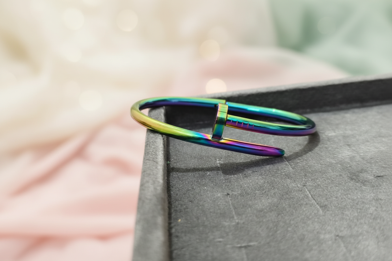 Rainbow Nail Cuff Bracelet for Women | Multicolor Stainless Steel Open Bangle