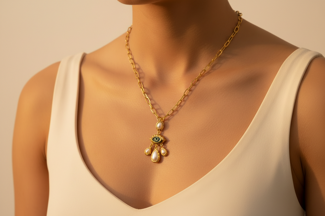 Evil Eye Pearl Pendant Necklace for Women | Gold Chain Statement Necklace