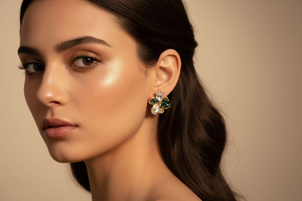 Floral Crystal & Pearl Stud Earrings | Gemstone Statement Earrings for Women