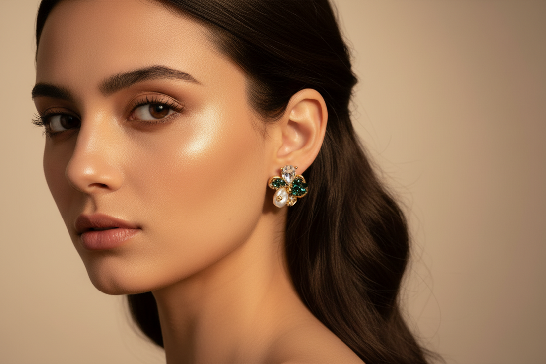 Floral Crystal & Pearl Stud Earrings | Gemstone Statement Earrings for Women
