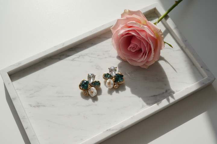 Floral Crystal & Pearl Stud Earrings | Gemstone Statement Earrings for Women