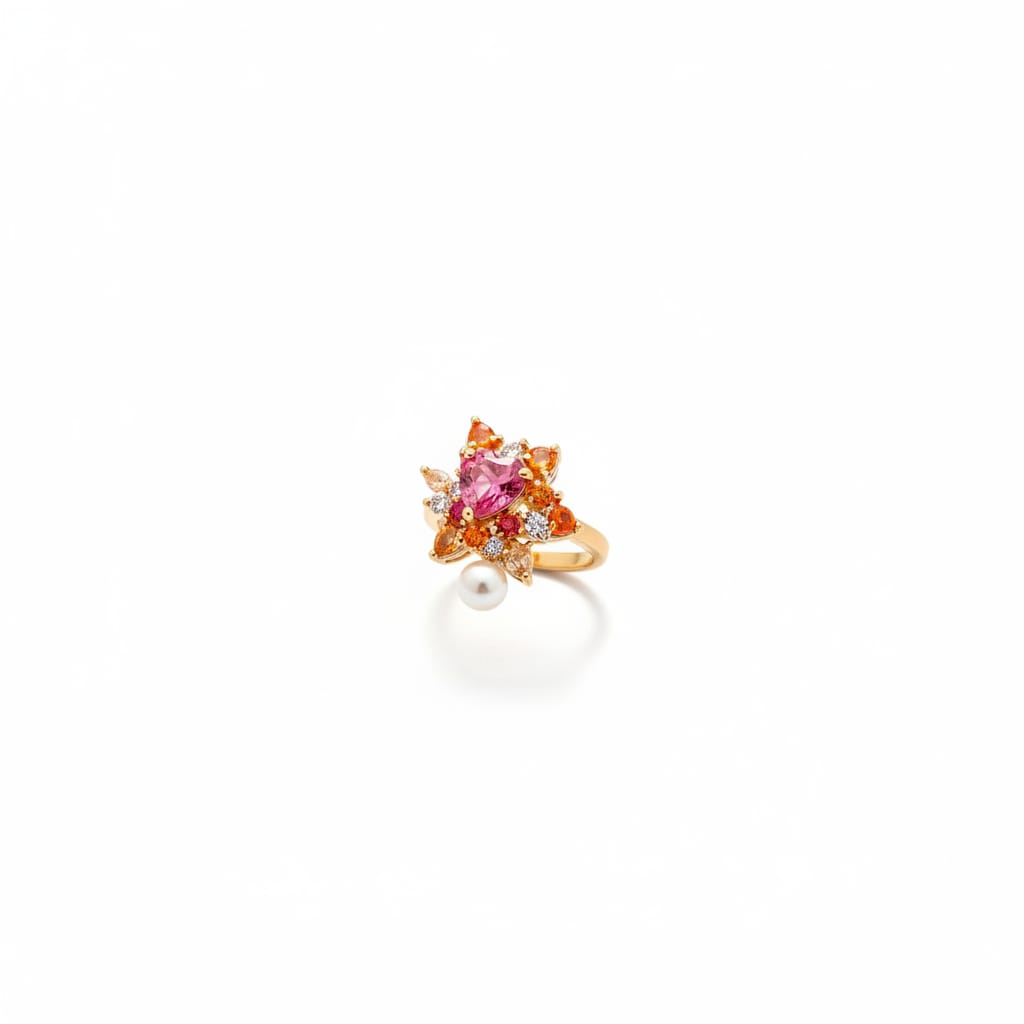 Radiant Bloom Gemstone Ring for Women | Gold Finish Floral Statement Ring with Pearl Accent