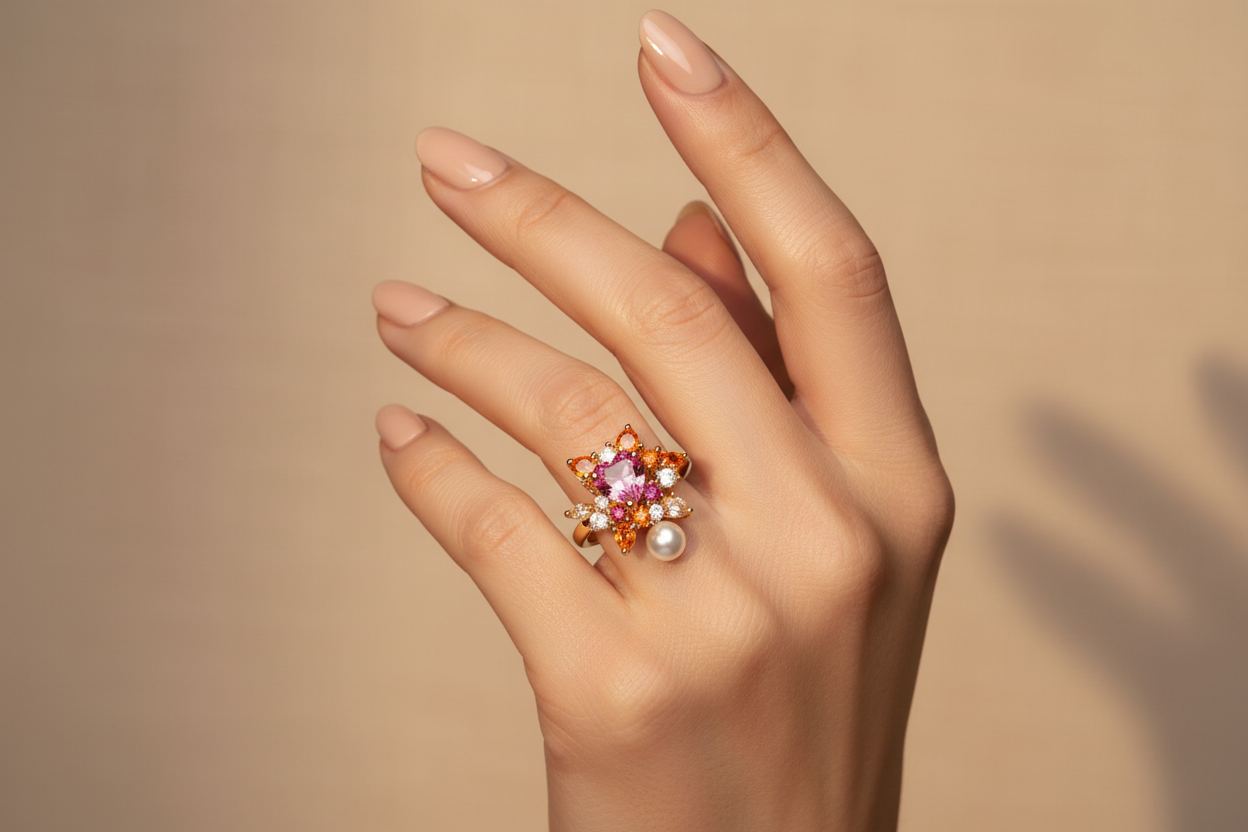 Radiant Bloom Gemstone Ring for Women | Gold Finish Floral Statement Ring with Pearl Accent