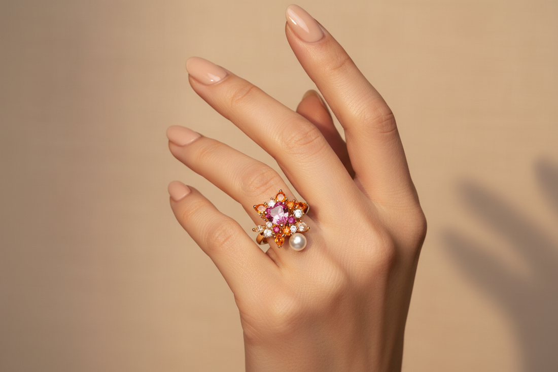 Radiant Bloom Gemstone Ring for Women | Gold Finish Floral Statement Ring with Pearl Accent