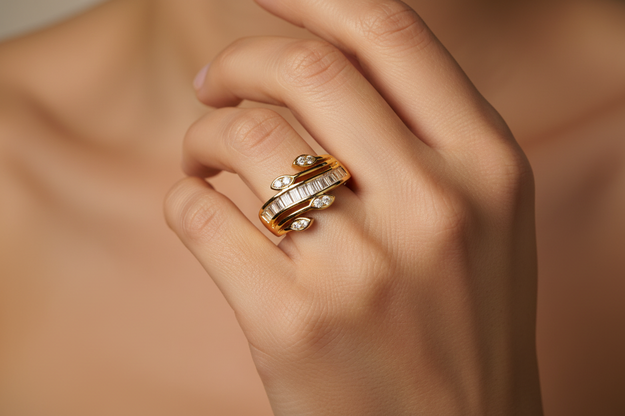 Tripti Creations Elegant Gold-Tone Wave Diamond Ring for Women | Adjustable Fashion Ring