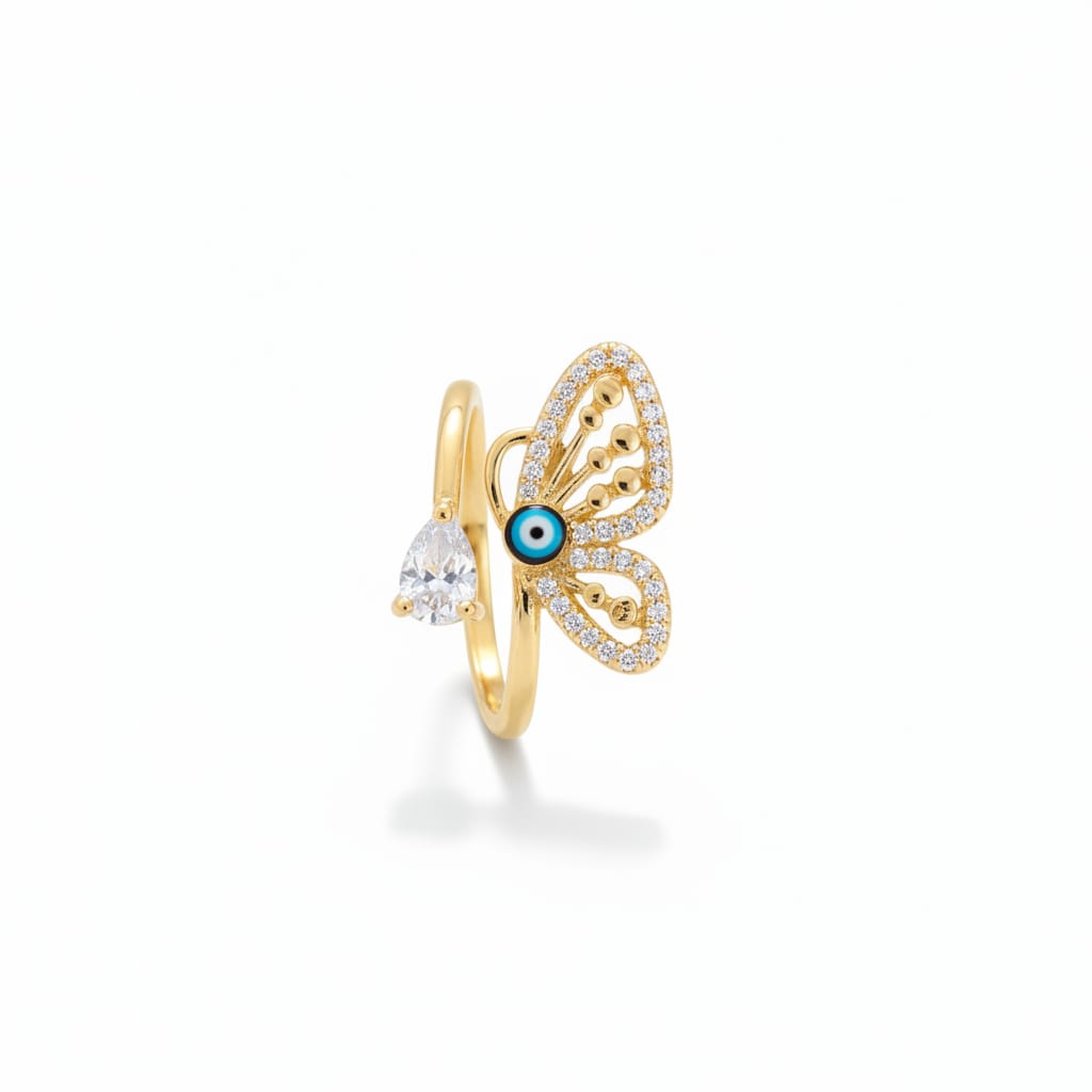 Butterfly Evil Eye Gold Ring for Women | Crystal Studded Adjustable Statement Ring