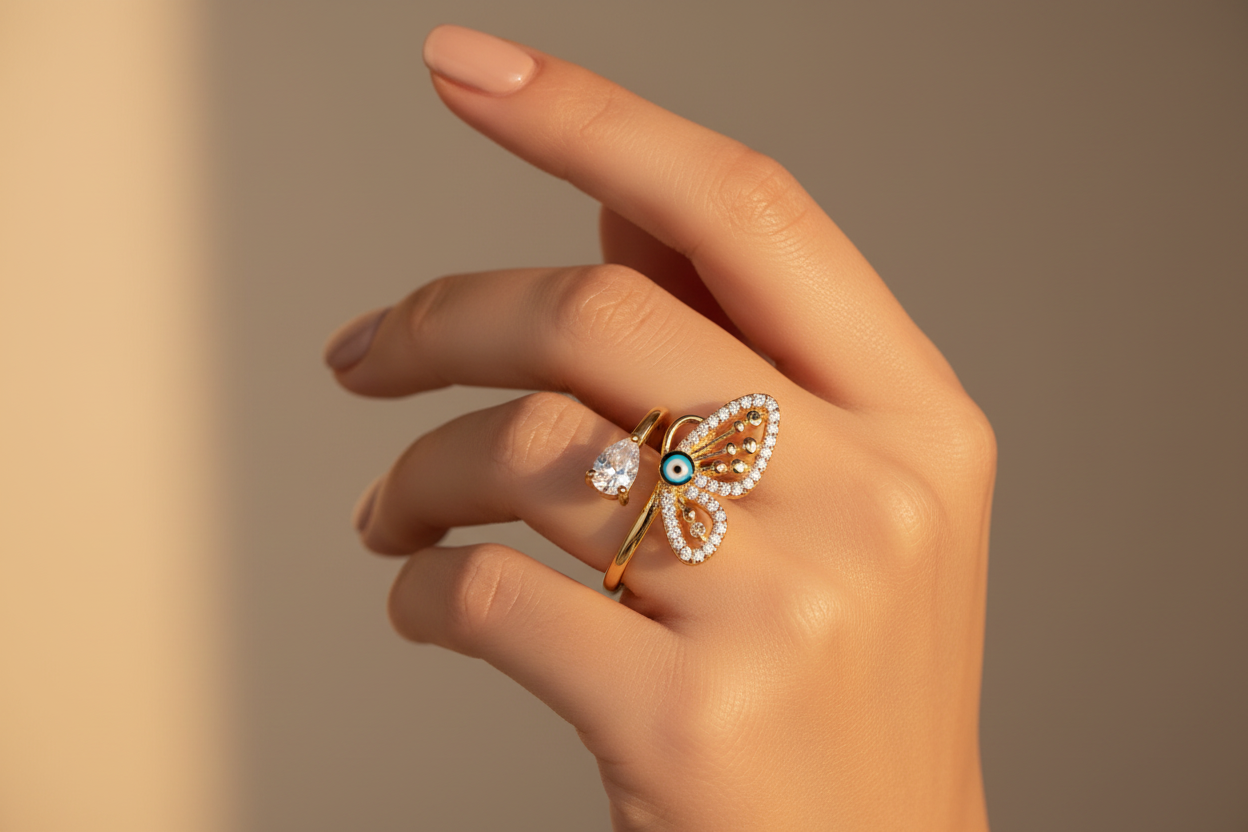 Butterfly Evil Eye Gold Ring for Women | Crystal Studded Adjustable Statement Ring