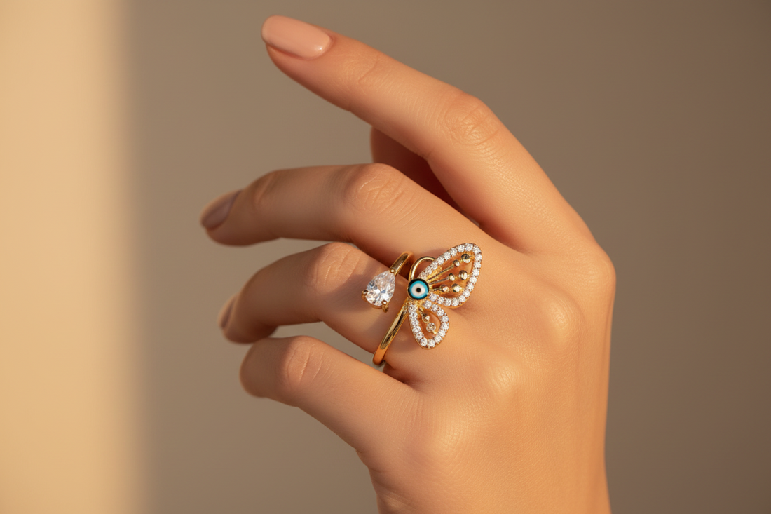 Butterfly Evil Eye Gold Ring for Women | Crystal Studded Adjustable Statement Ring
