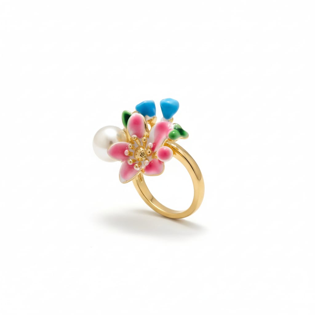 Floral Pearl Gold Ring for Women | Enamel Flower Adjustable Statement Ring