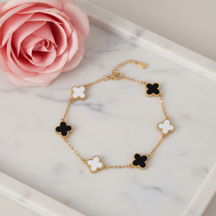 Black & White Clover Gold Bracelet for Women | Stainless Steel Lucky Charm Bracelet