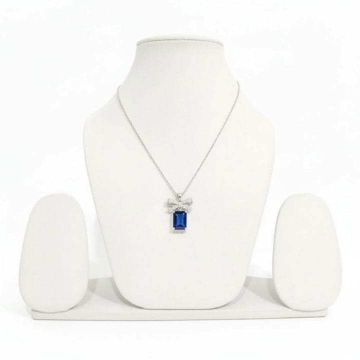 Elegant Blue Crystal Gift Box Pendant Necklace in Silver Finish | Minimal Luxury Necklace for Women