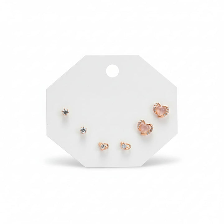 Rose Gold Heart & Crystal Triple Piercing Stud Earrings Set | Minimal Luxury Ear Stack Jewelry