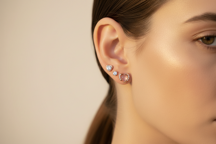 Rose Gold Heart & Crystal Triple Piercing Stud Earrings Set | Minimal Luxury Ear Stack Jewelry