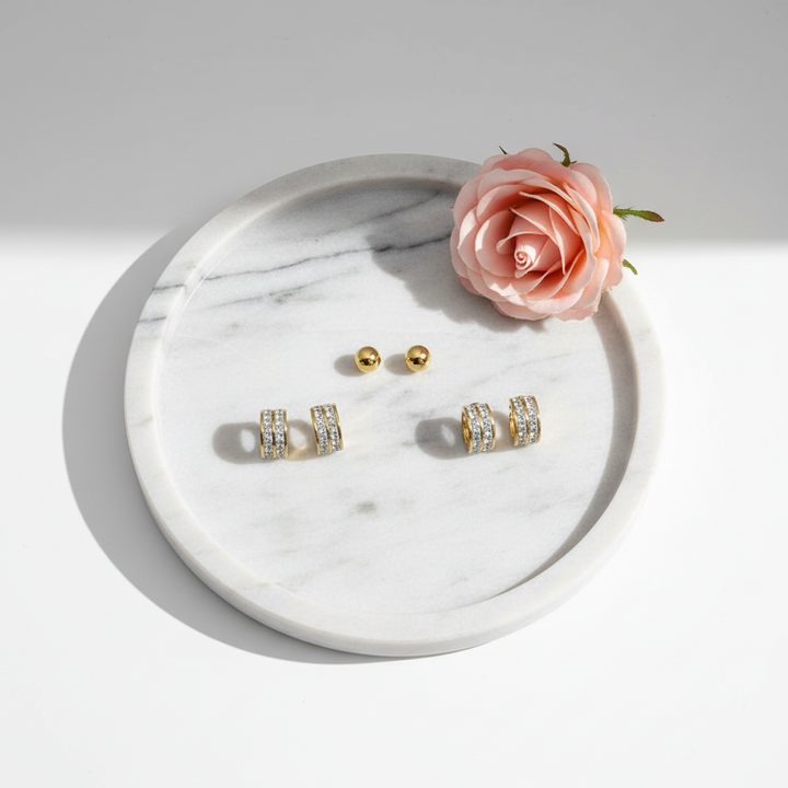 Gold Triple Piercing Earrings Set | CZ Mini Hoops & Ball Stud Combo for Women