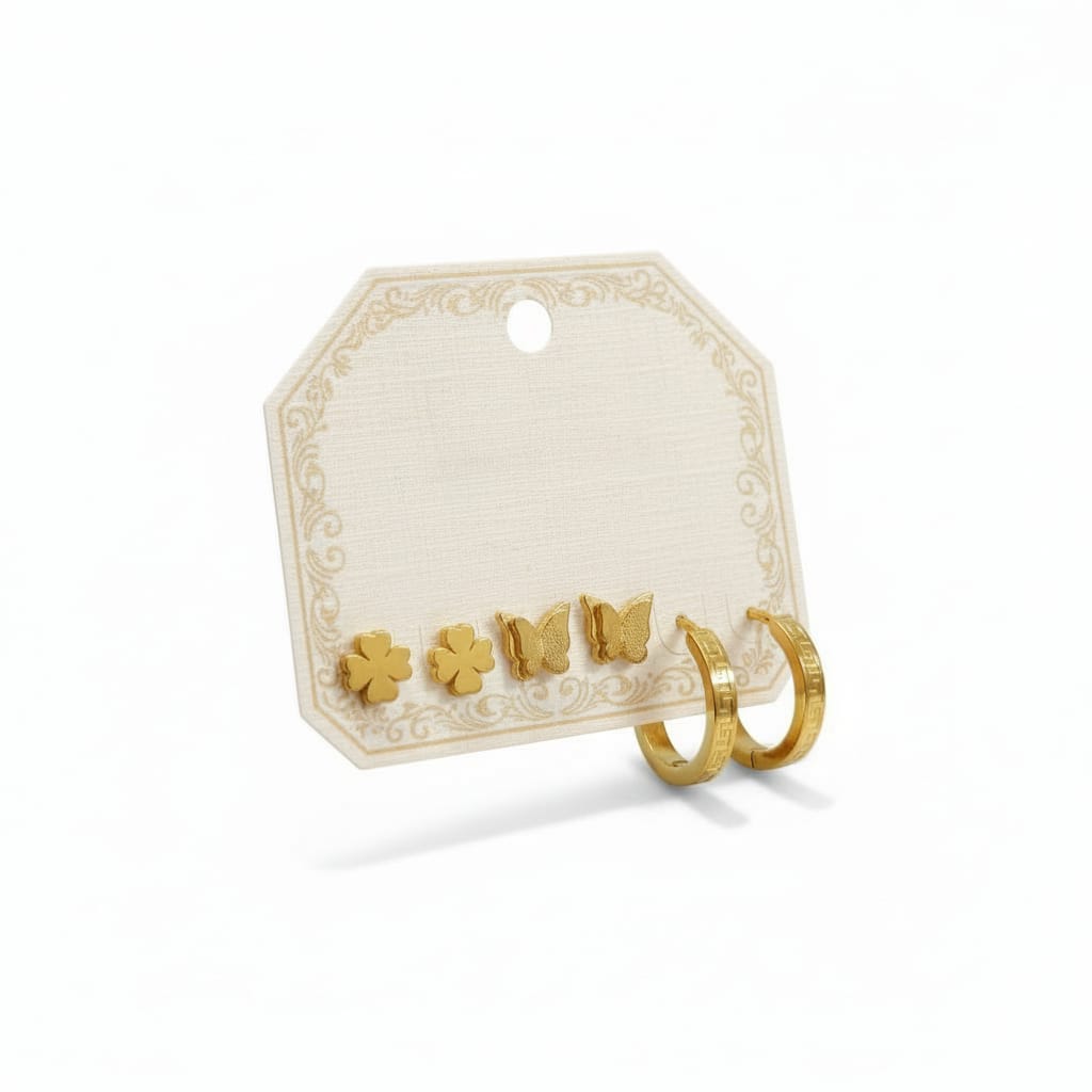 Gold Triple Piercing Earrings Combo Set | Butterfly, Clover Studs & Mini Hoop Earrings for Women