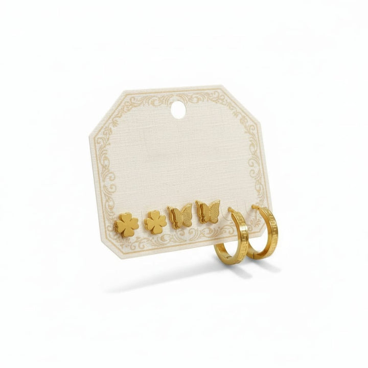 Gold Triple Piercing Earrings Combo Set | Butterfly, Clover Studs & Mini Hoop Earrings for Women