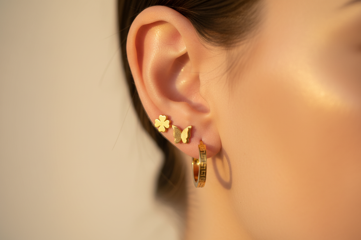 Gold Triple Piercing Earrings Combo Set | Butterfly, Clover Studs & Mini Hoop Earrings for Women
