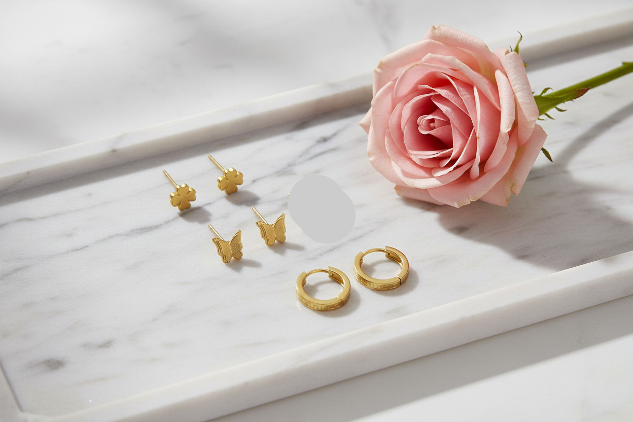 Gold Triple Piercing Earrings Combo Set | Butterfly, Clover Studs & Mini Hoop Earrings for Women