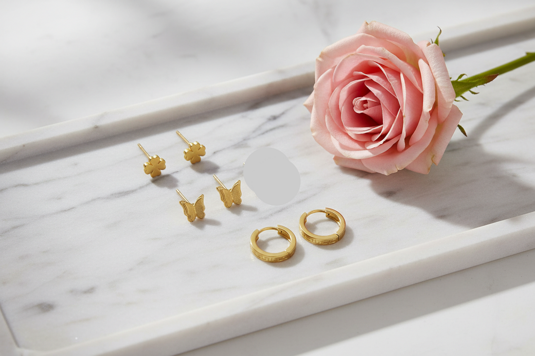 Gold Triple Piercing Earrings Combo Set | Butterfly, Clover Studs & Mini Hoop Earrings for Women