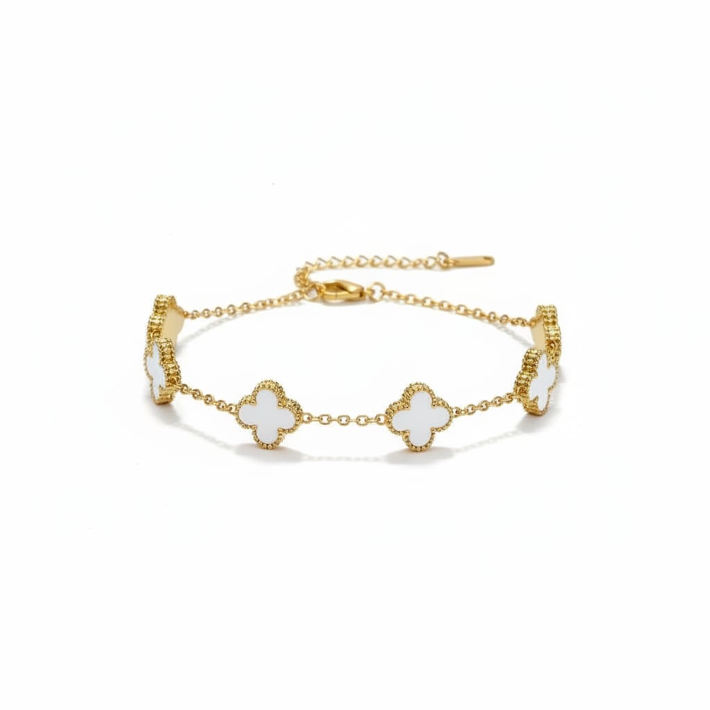 White Clover Gold Bracelet for Women | Stainless Steel Four Leaf Charm Bracelet