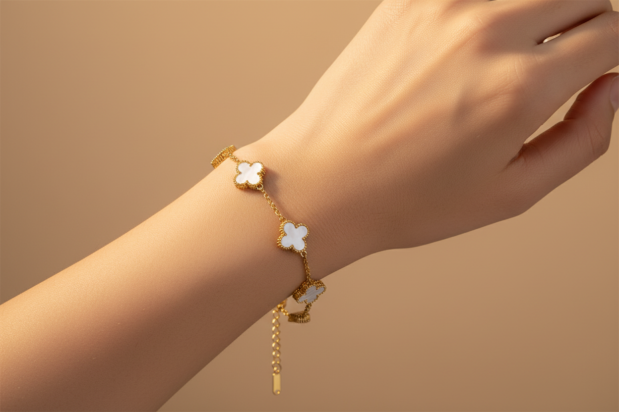 White Clover Gold Bracelet for Women | Stainless Steel Four Leaf Charm Bracelet