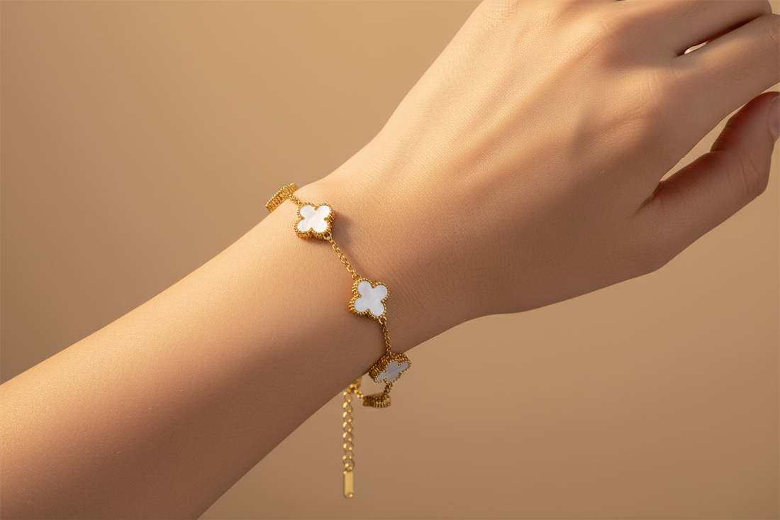 White Clover Gold Bracelet for Women | Stainless Steel Four Leaf Charm Bracelet