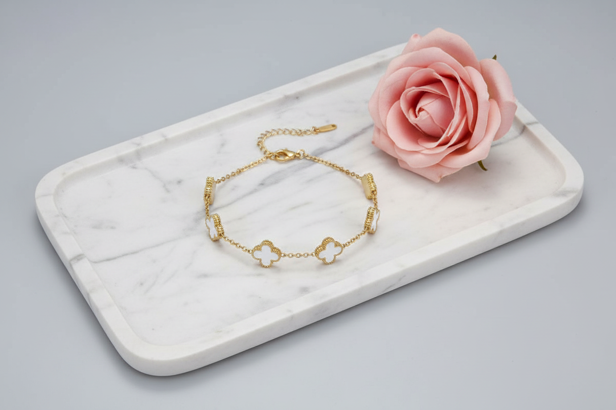 White Clover Gold Bracelet for Women | Stainless Steel Four Leaf Charm Bracelet