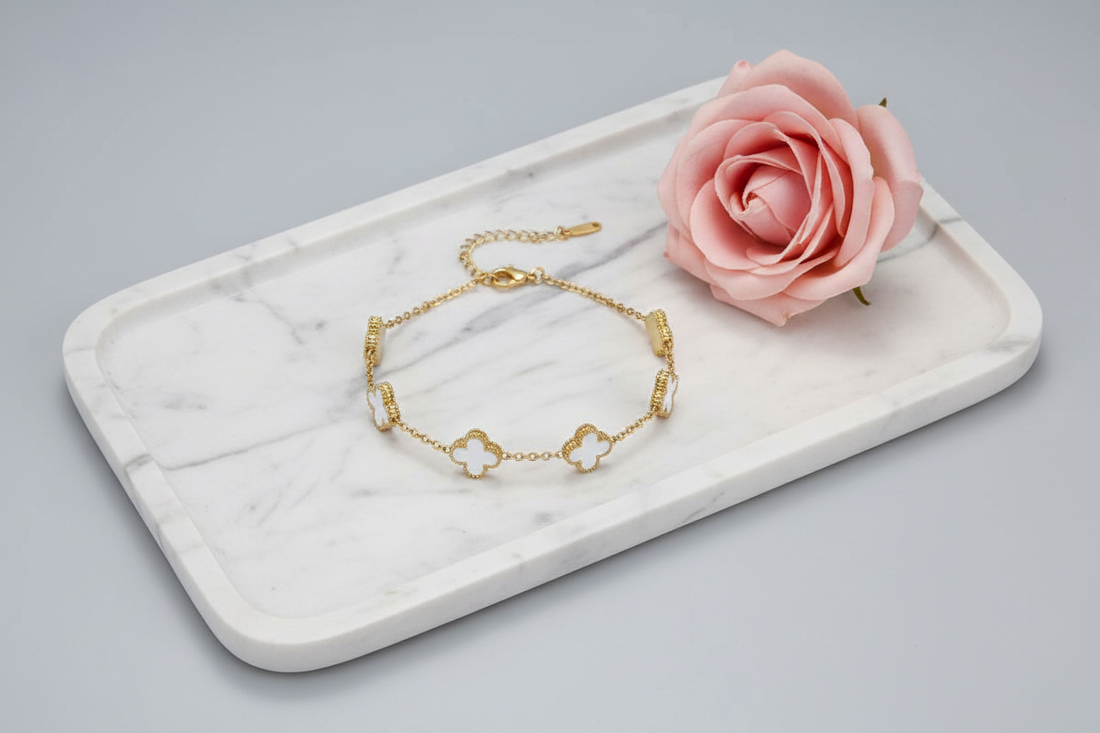White Clover Gold Bracelet for Women | Stainless Steel Four Leaf Charm Bracelet