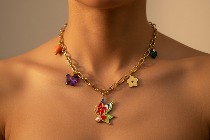 Gold Butterfly Charm Necklace with Multicolor Enamel & Pearl | Playful Statement Necklace for Women