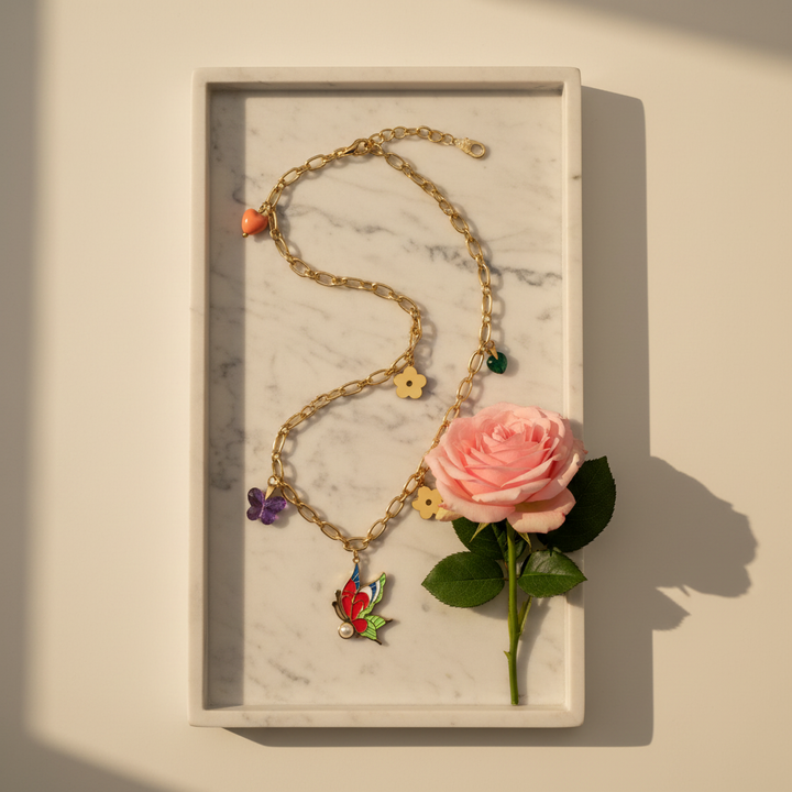 Gold Butterfly Charm Necklace with Multicolor Enamel & Pearl | Playful Statement Necklace for Women