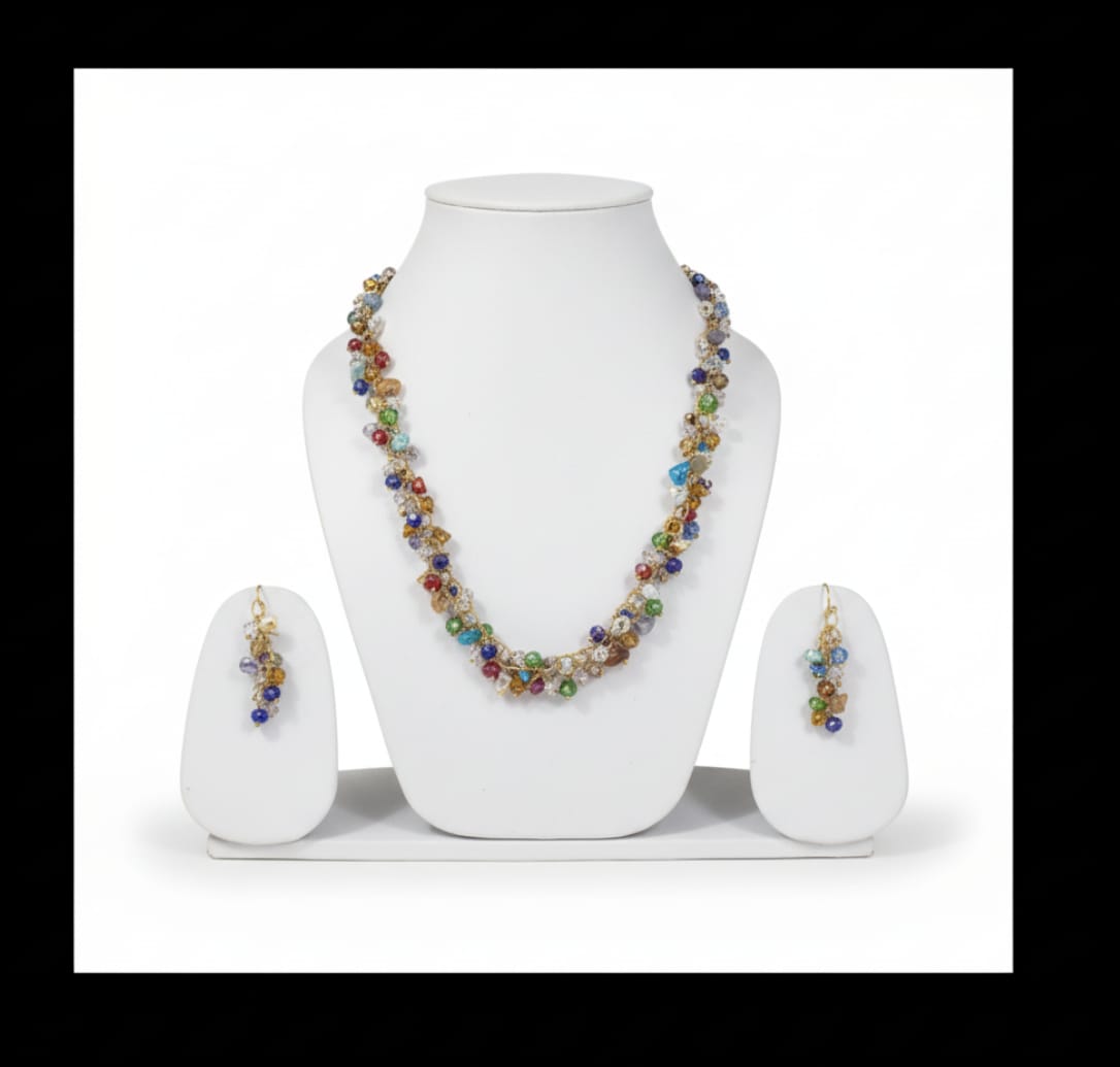 Multicolor Crystal Beaded Necklace Set with Earrings | Handcrafted Festive Jewelry for Women