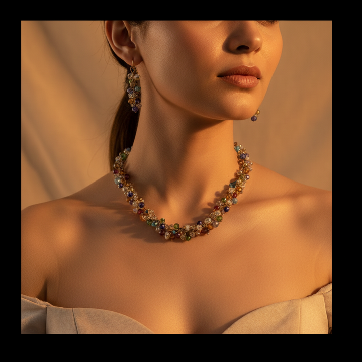 Multicolor Crystal Beaded Necklace Set with Earrings | Handcrafted Festive Jewelry for Women