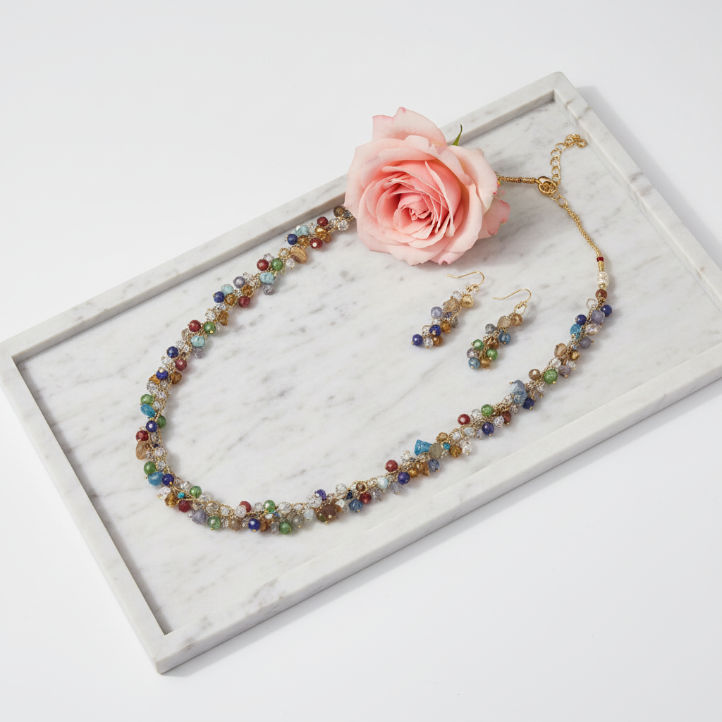 Multicolor Crystal Beaded Necklace Set with Earrings | Handcrafted Festive Jewelry for Women