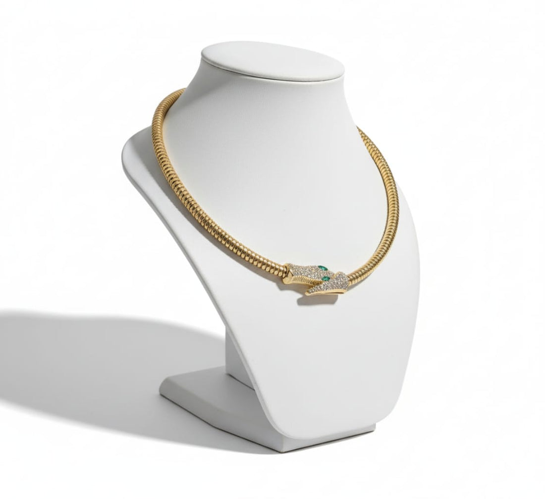 Gold Serpent Snake Necklace with Crystal Head | Bold Statement Choker for Women