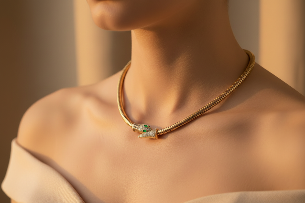 Gold Serpent Snake Necklace with Crystal Head | Bold Statement Choker for Women