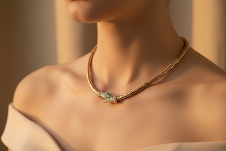 Gold Serpent Snake Necklace with Crystal Head | Bold Statement Choker for Women