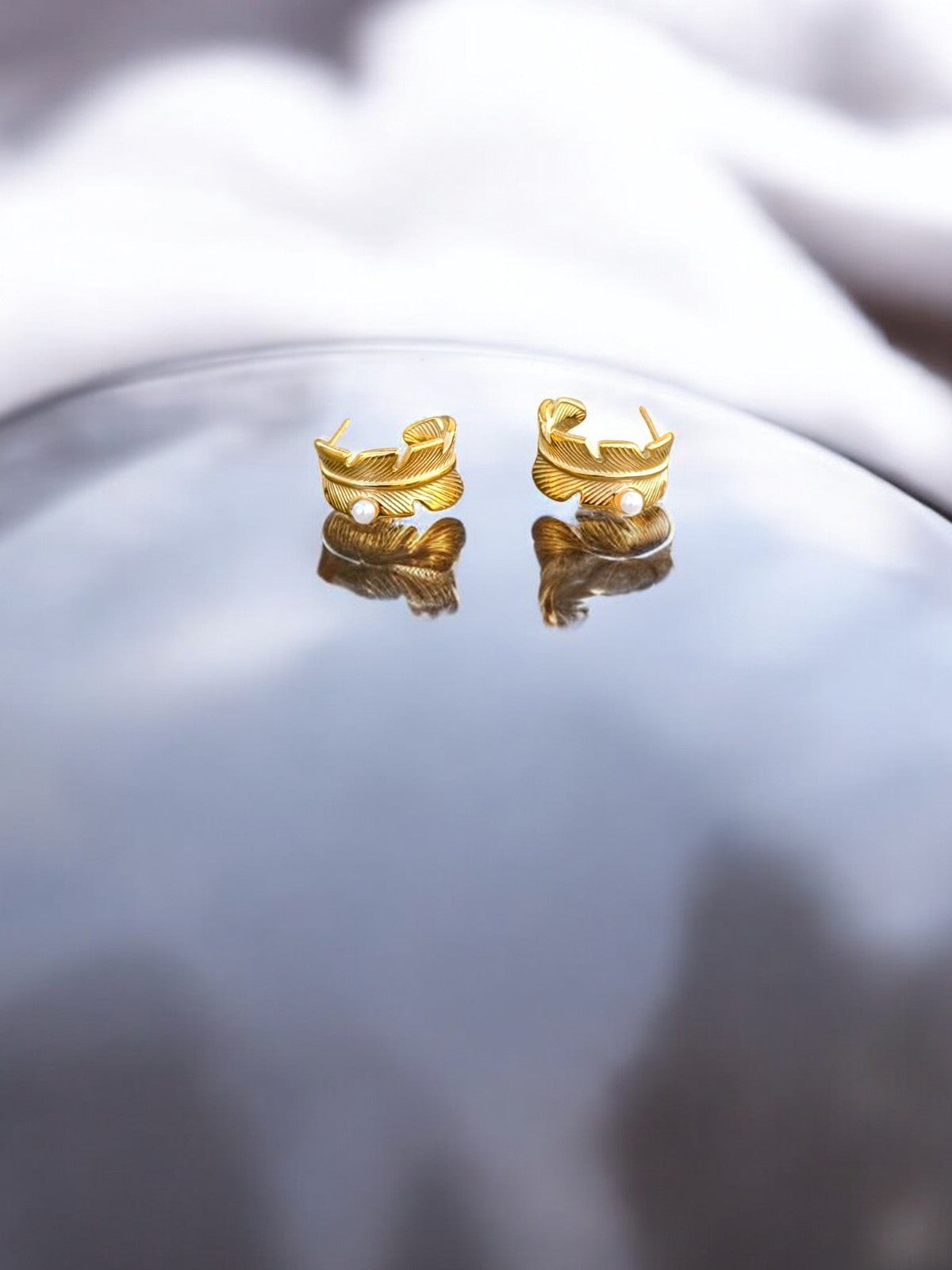 Gold Leaf Anti-Tarnish Earrings with Pearl Accent