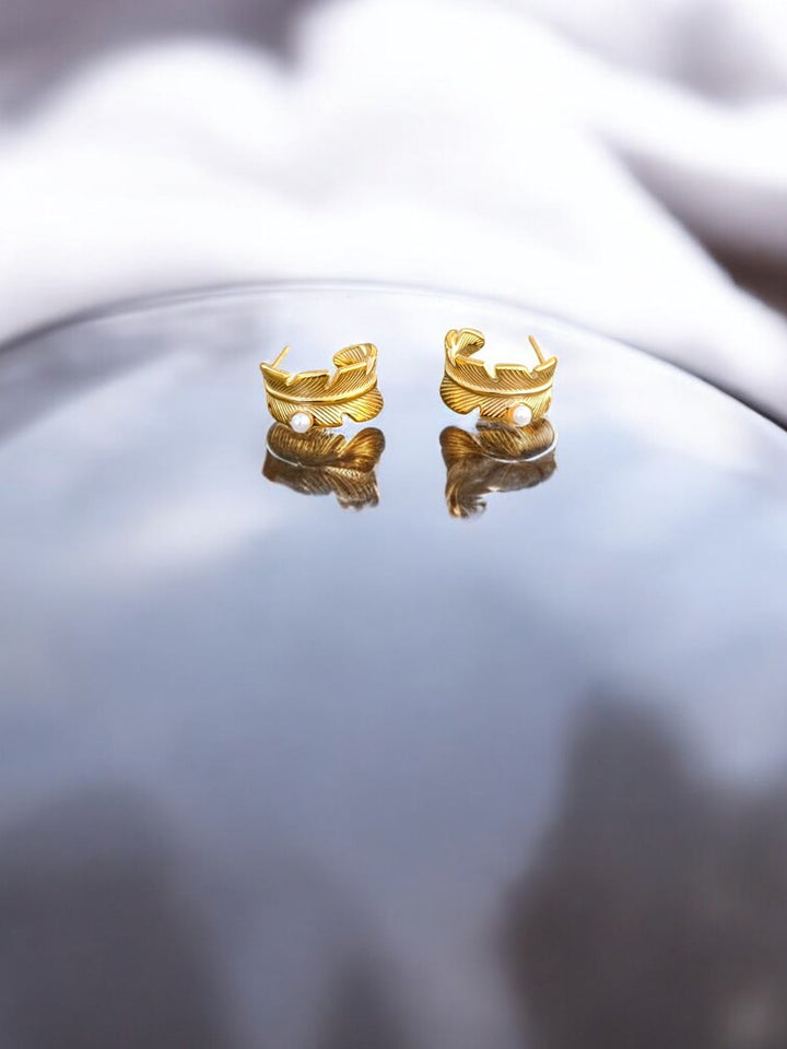 Gold Leaf Anti-Tarnish Earrings with Pearl Accent