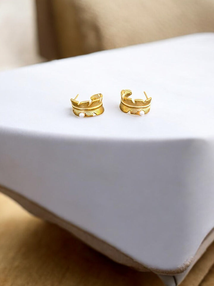 Gold Leaf Anti-Tarnish Earrings with Pearl Accent