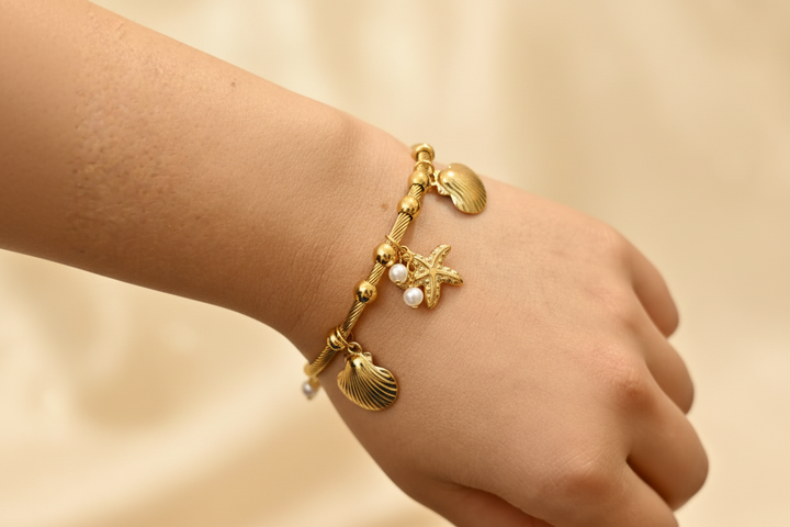 Ocean Charm Gold Finish Bracelet for Women | Shell & Starfish Adjustable Statement Bracelet