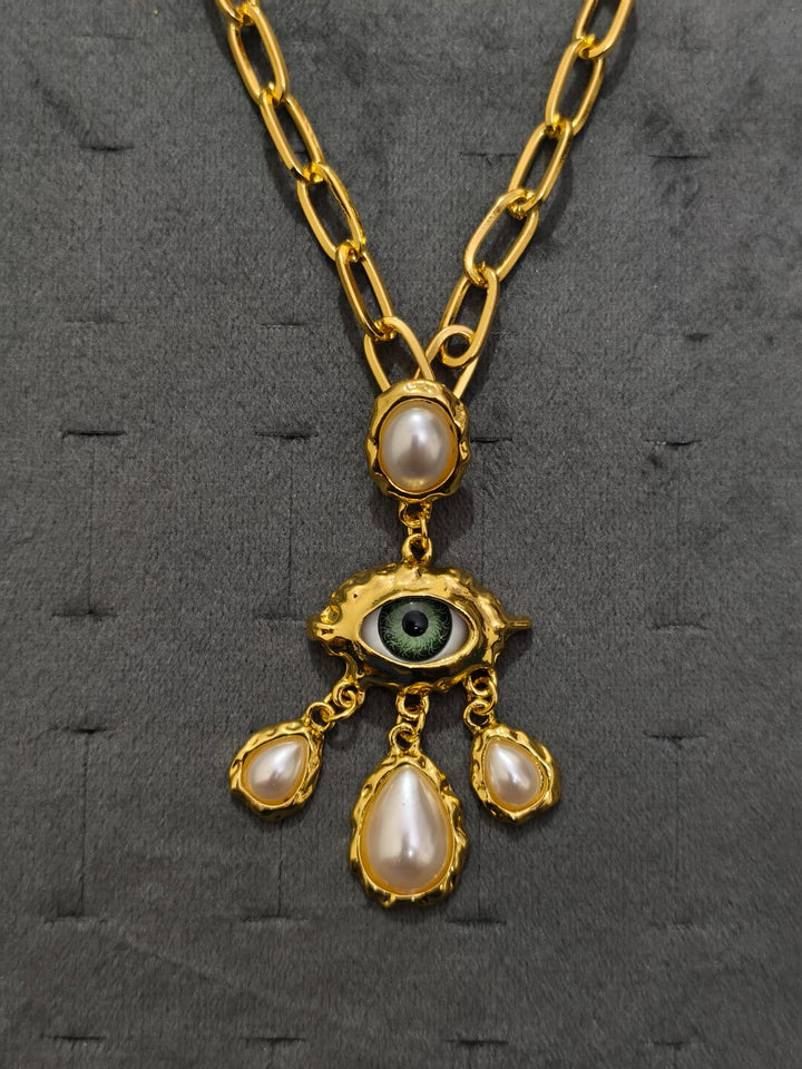 Evil Eye Pearl Pendant Necklace for Women | Gold Chain Statement Necklace