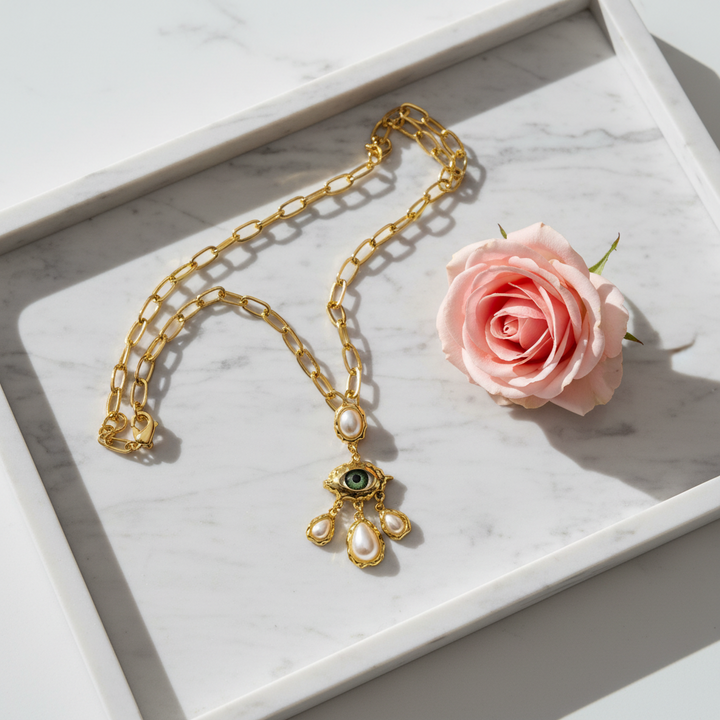 Evil Eye Pearl Pendant Necklace for Women | Gold Chain Statement Necklace