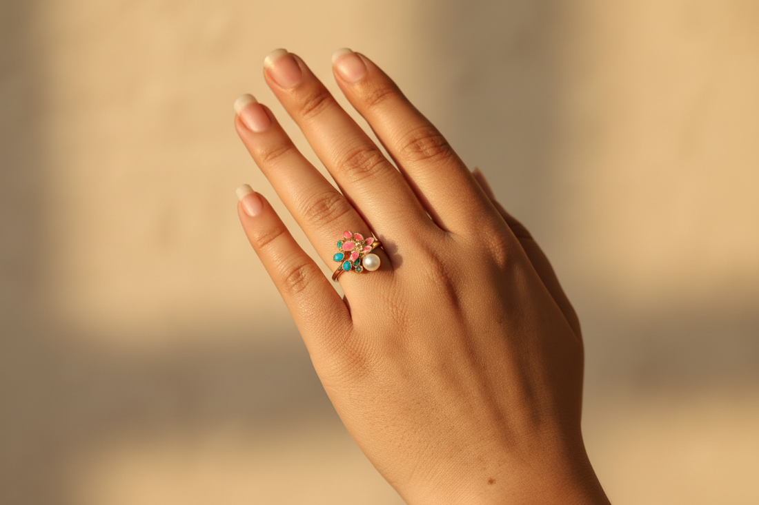 Floral Pearl Gold Ring for Women | Enamel Flower Adjustable Statement Ring